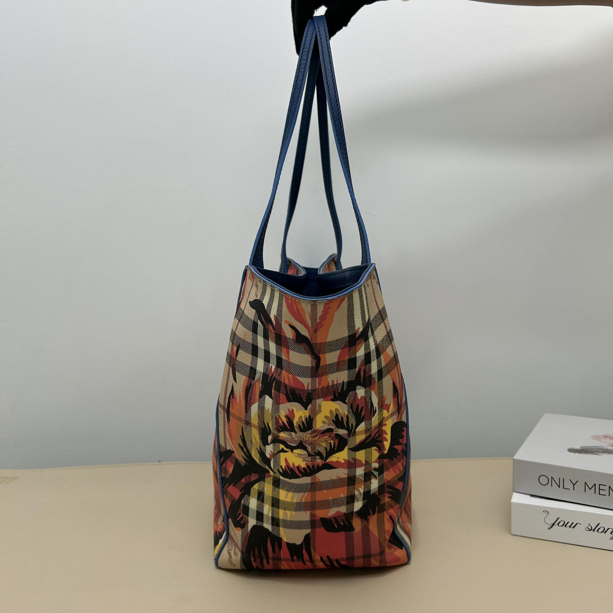 Vintage Check Floral Printed Navy Cowhide Leather Tote Bag
