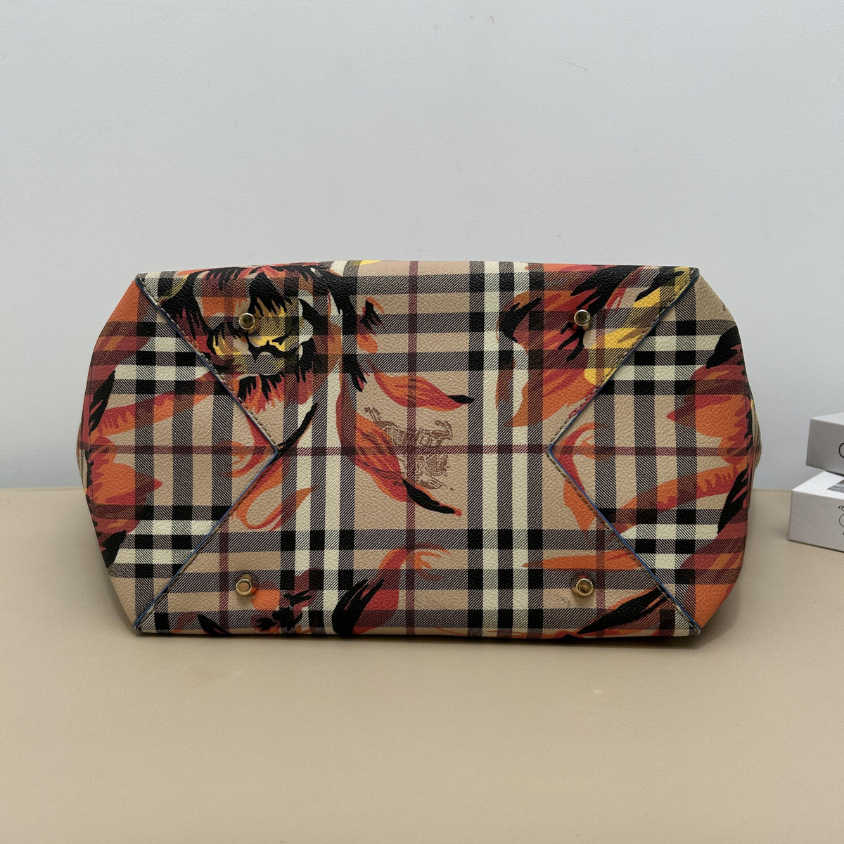 Vintage Check Floral Printed Navy Cowhide Leather Tote Bag