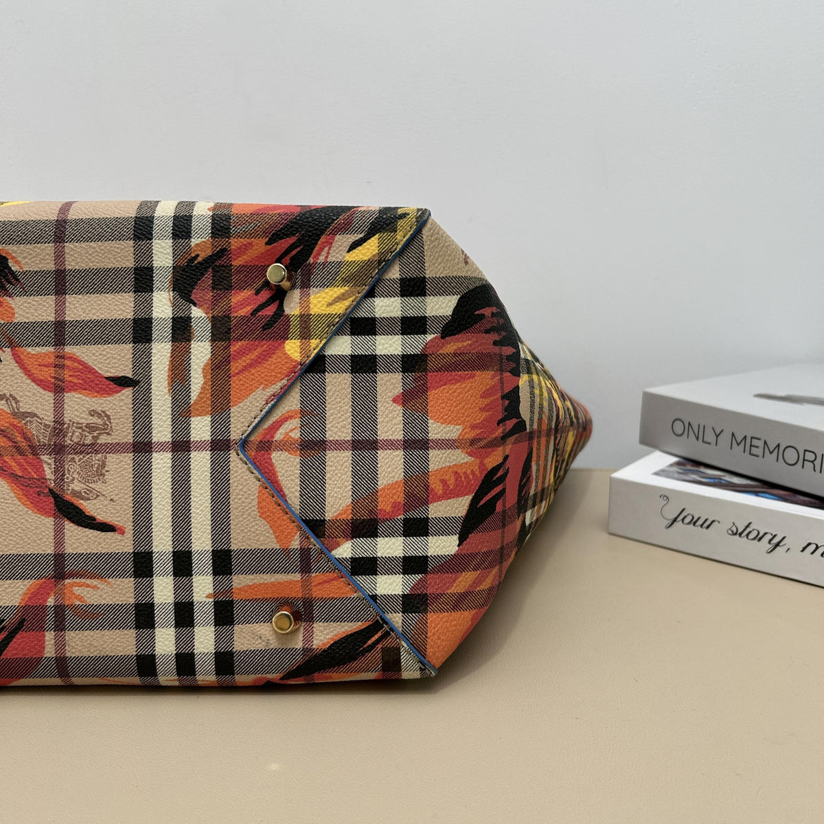 Vintage Check Floral Printed Navy Cowhide Leather Tote Bag