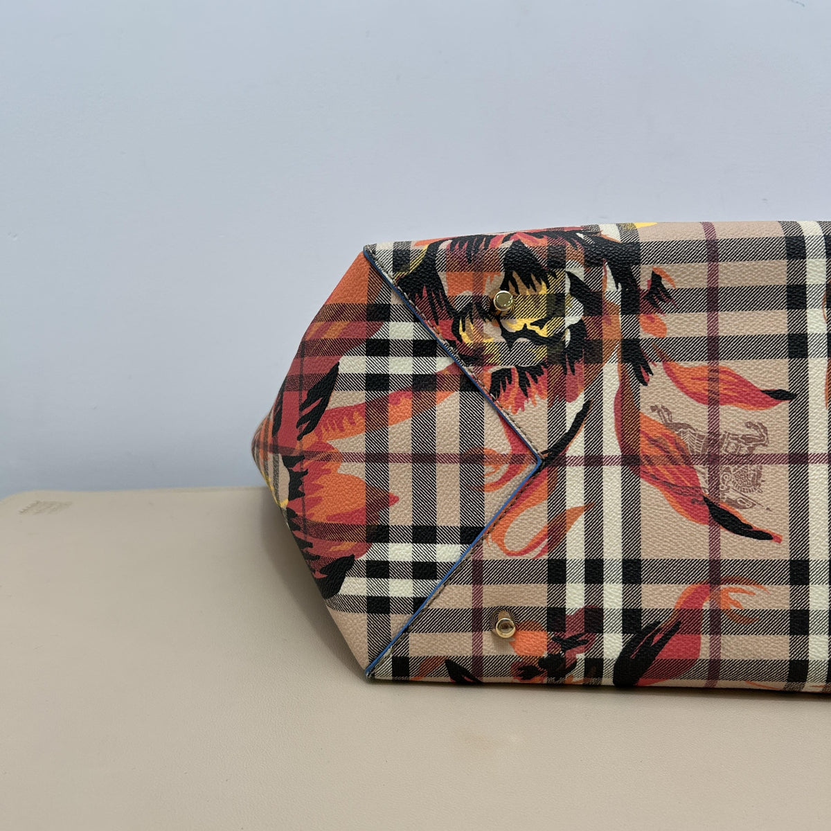 Vintage Check Floral Printed Navy Cowhide Leather Tote Bag