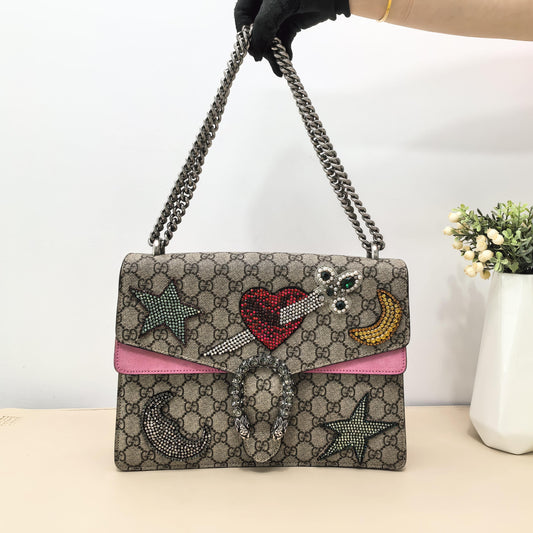 Dionysus Medium GG Canvas Pink Suede Star Heart Moon Crystal Patch Crossbody Bag