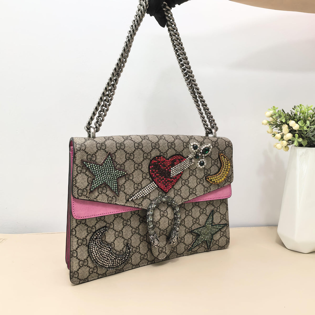 Dionysus Medium GG Canvas Pink Suede Star Heart Moon Crystal Patch Crossbody Bag
