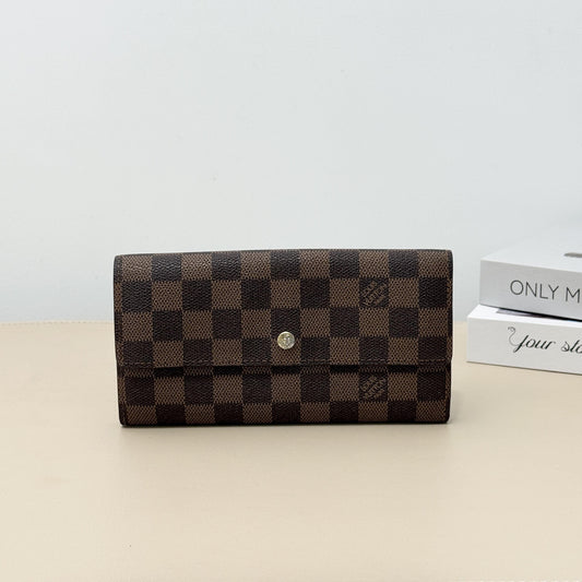 Pre-owned Louis Vuitton Coated Canvas Small Leather Goods Damier Ebene Long Bi Fold Snap Wallet