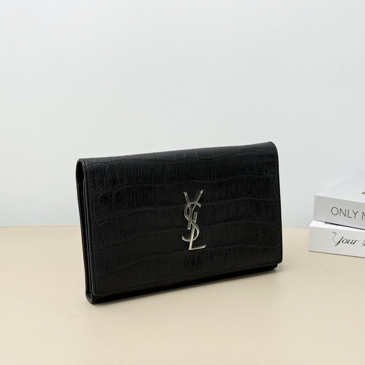 Cassandre Black Croc Embossed Envelope Chain Crossbody Bag