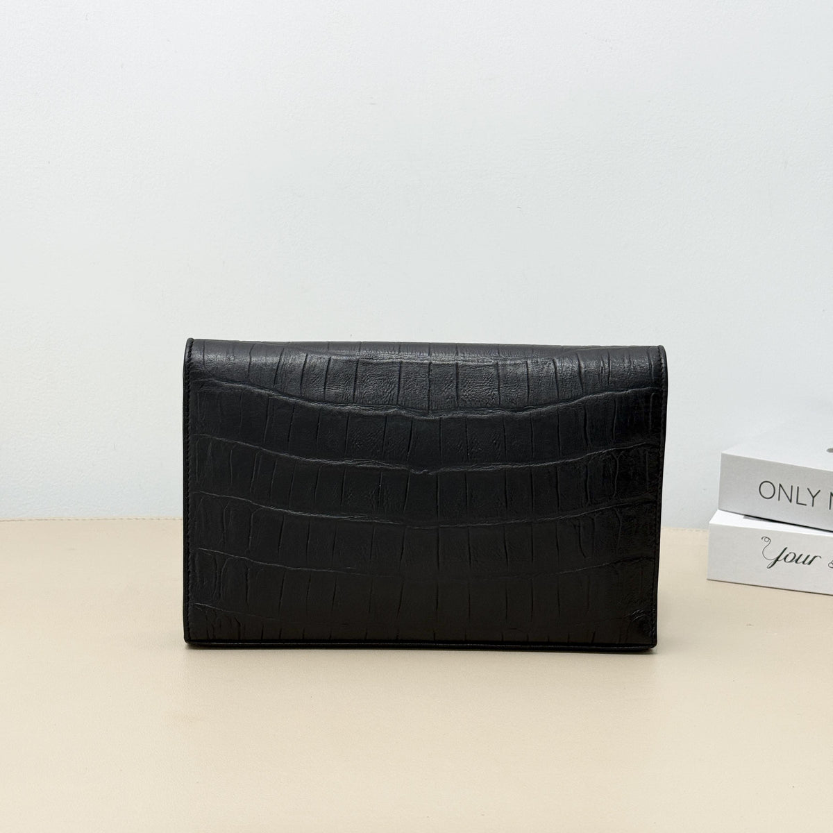 Cassandre Black Croc Embossed Envelope Chain Crossbody Bag