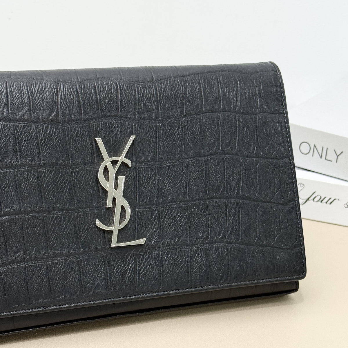 Cassandre Black Croc Embossed Envelope Chain Crossbody Bag