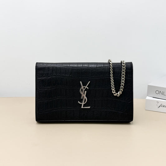 Cassandre Black Croc Embossed Envelope Chain Crossbody Bag