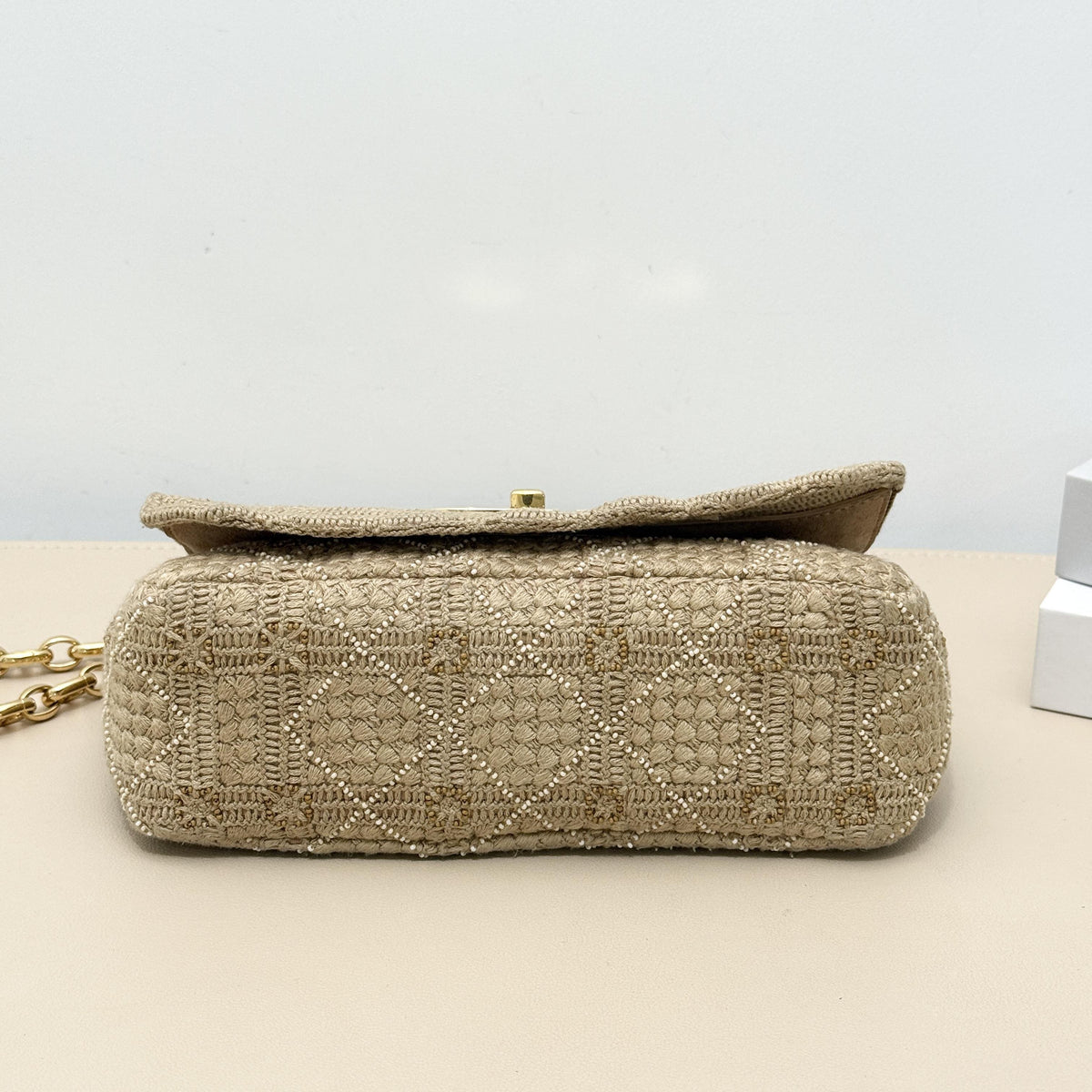 30 Montaigne Flap Chain Crossbody Bag,Beige Cannage Embroidery With Mini Bead Inlay