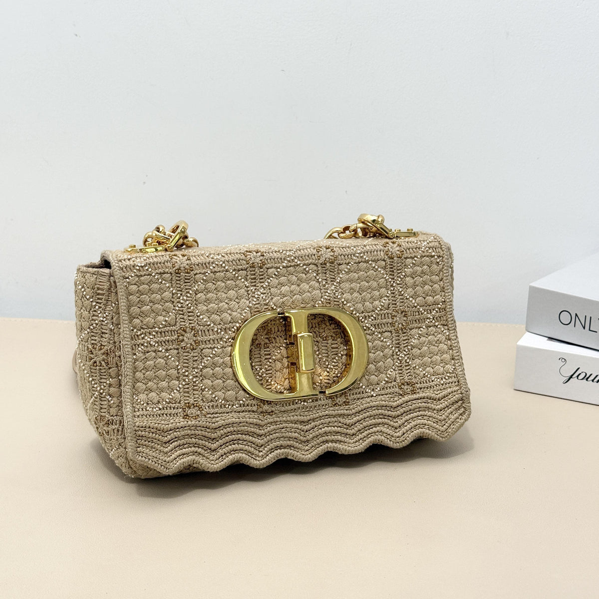 30 Montaigne Flap Chain Crossbody Bag,Beige Cannage Embroidery With Mini Bead Inlay