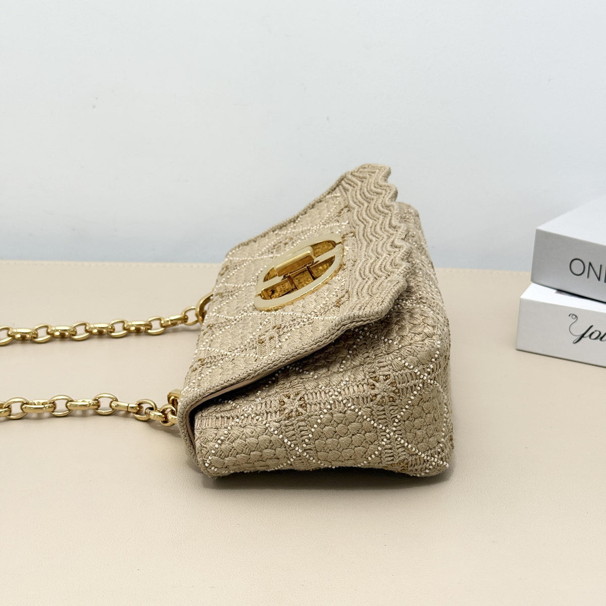 30 Montaigne Flap Chain Crossbody Bag,Beige Cannage Embroidery With Mini Bead Inlay