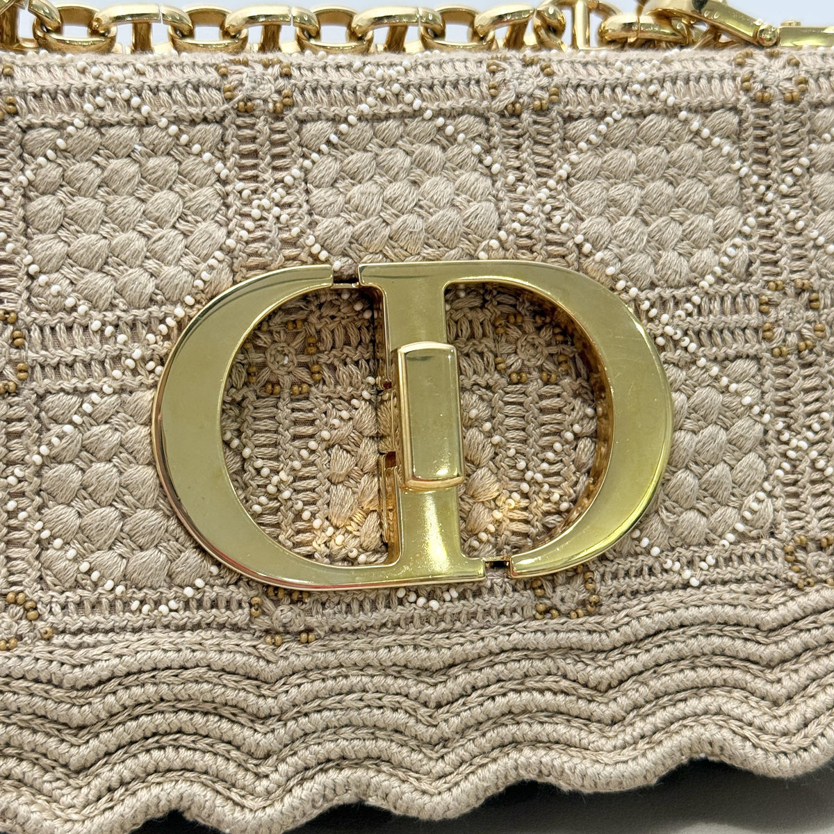 30 Montaigne Flap Chain Crossbody Bag,Beige Cannage Embroidery With Mini Bead Inlay