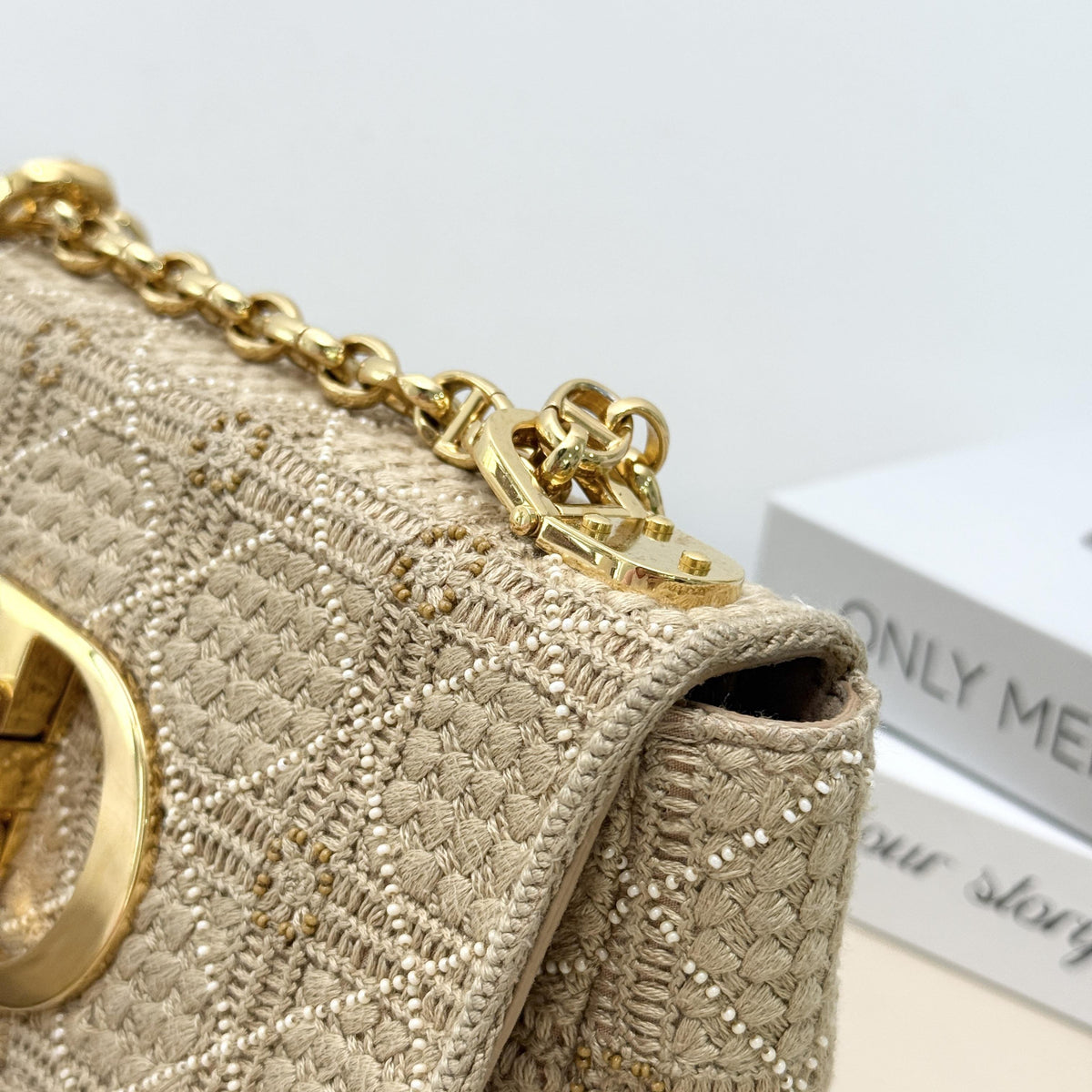 30 Montaigne Flap Chain Crossbody Bag,Beige Cannage Embroidery With Mini Bead Inlay