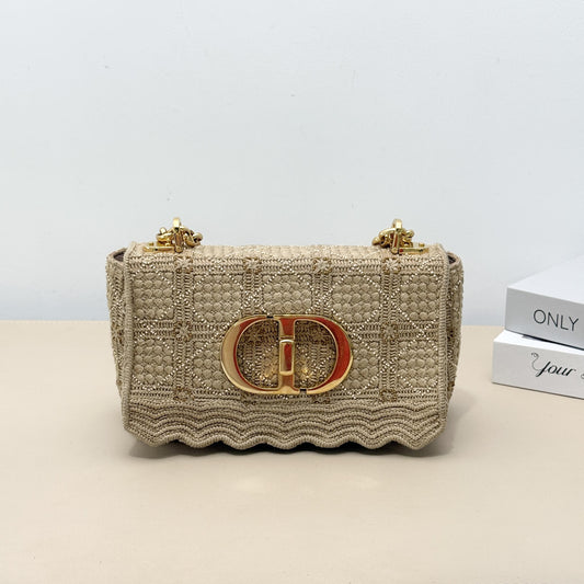 30 Montaigne Flap Chain Crossbody Bag,Beige Cannage Embroidery With Mini Bead Inlay