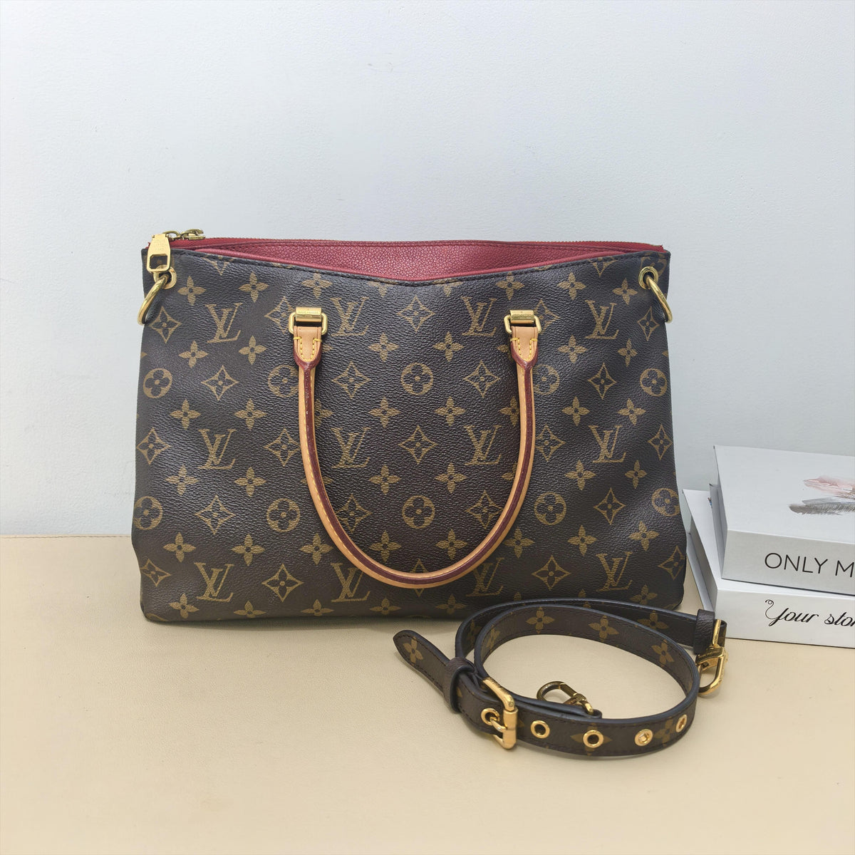 Pallas MM Monogram Cerise Leather Trim 2 Way Handbag