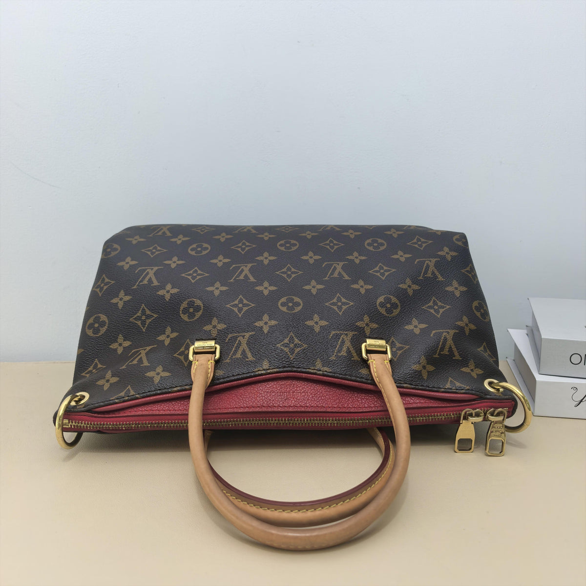 Pallas MM Monogram Cerise Leather Trim 2 Way Handbag