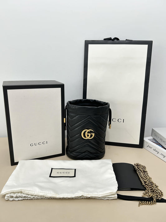 GG Marmont Chevron Quilted Black Leather Drawstring Bucket Bag, Full Original Gift Set