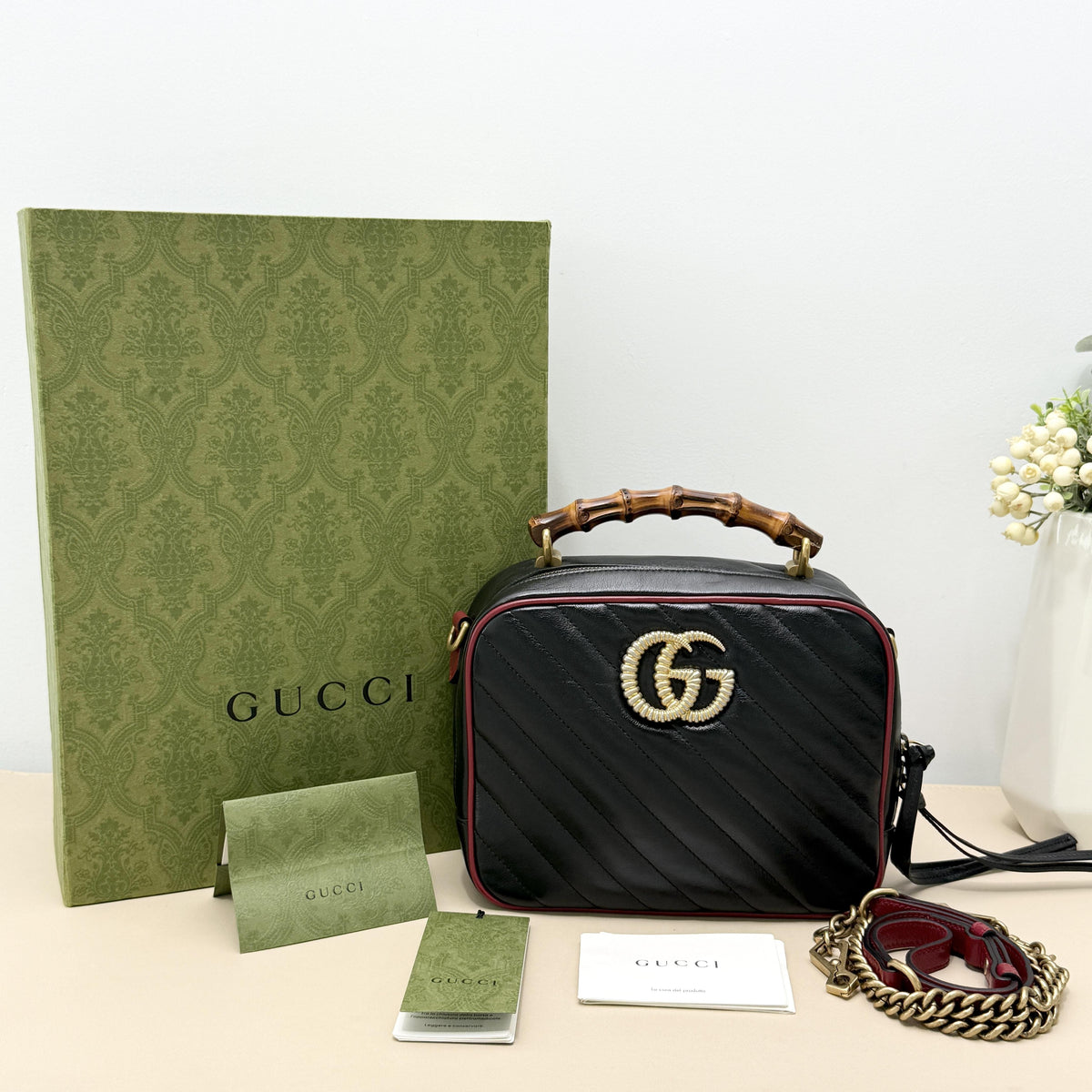 GG Marmont Diagonal Quilted Leather Bamboo Handle Camera Crossbody Bag