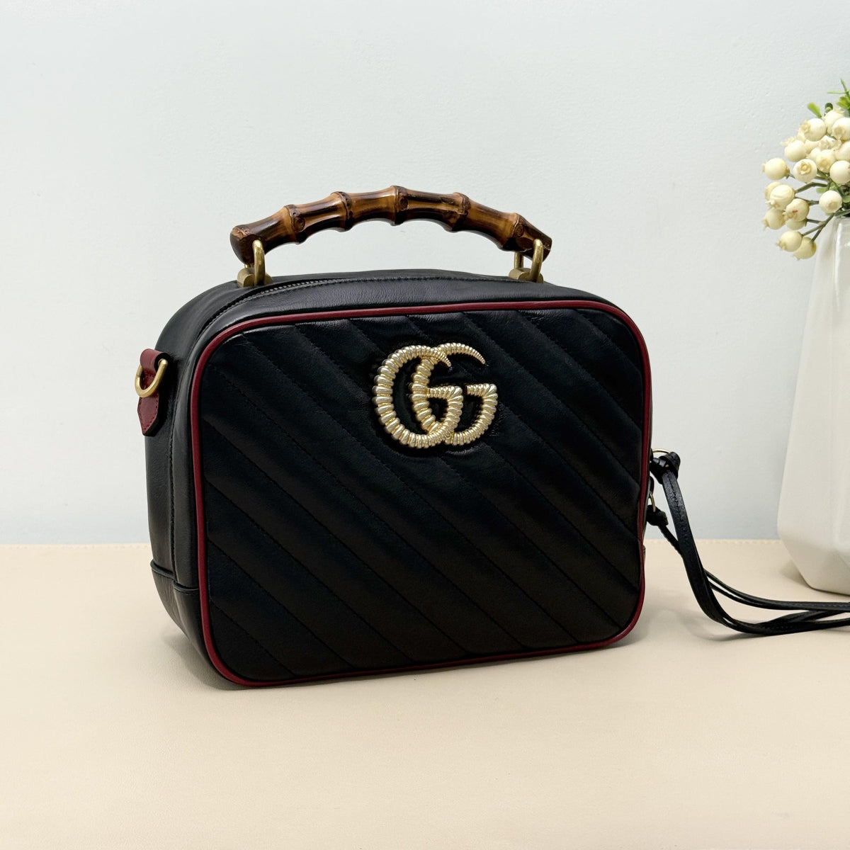 GG Marmont Diagonal Quilted Leather Bamboo Handle Camera Crossbody Bag