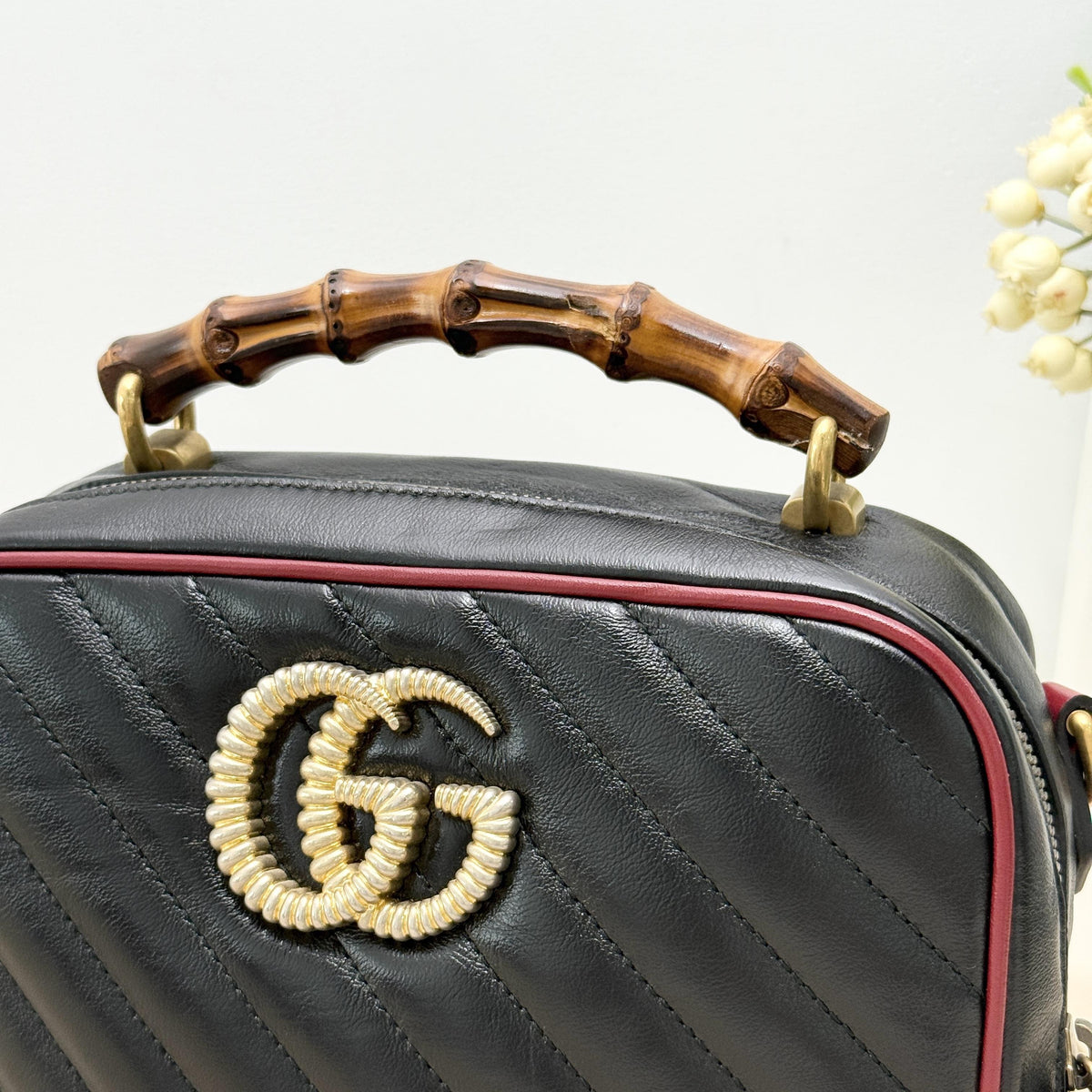 GG Marmont Diagonal Quilted Leather Bamboo Handle Camera Crossbody Bag