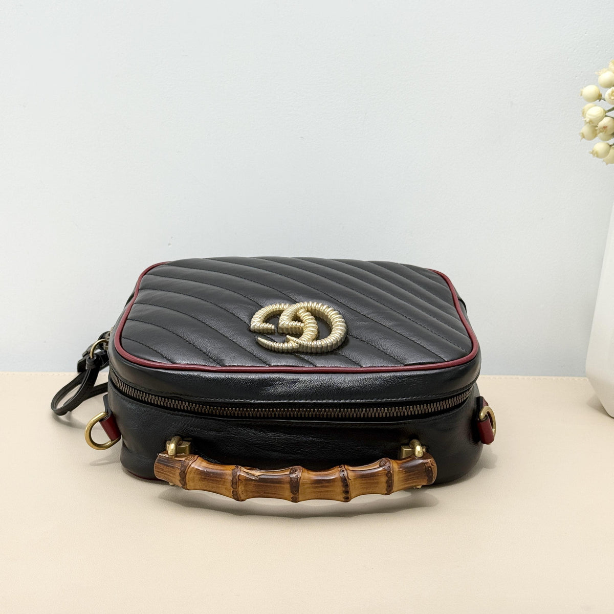 GG Marmont Diagonal Quilted Leather Bamboo Handle Camera Crossbody Bag