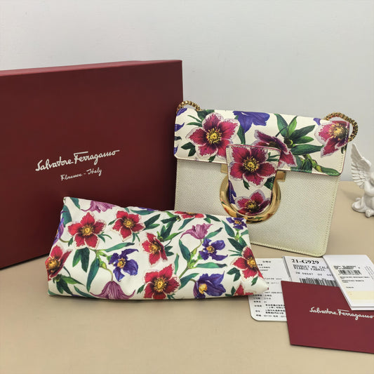 Thalia Floral Print Fabric & Calfskin Gancini Chain Crossbody Bag