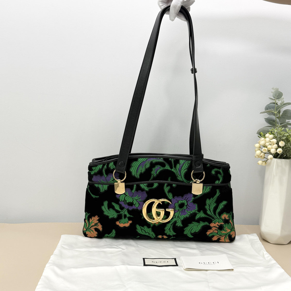 GG Marmont Black Velvet Floral Embroidery Tote Shoulder Bag