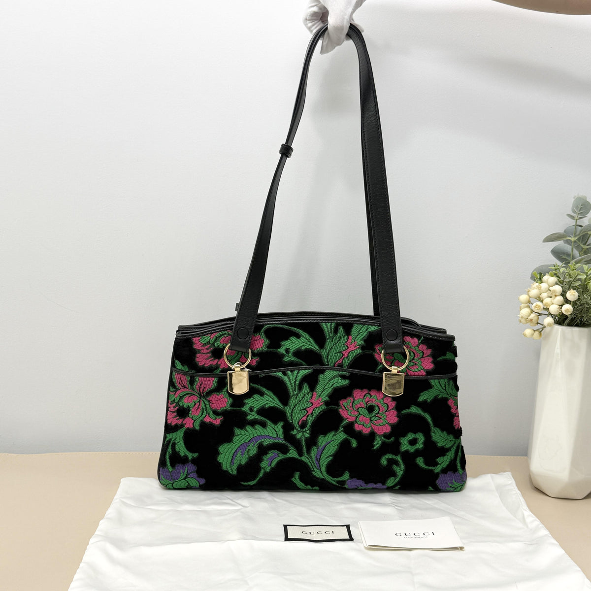 GG Marmont Black Velvet Floral Embroidery Tote Shoulder Bag