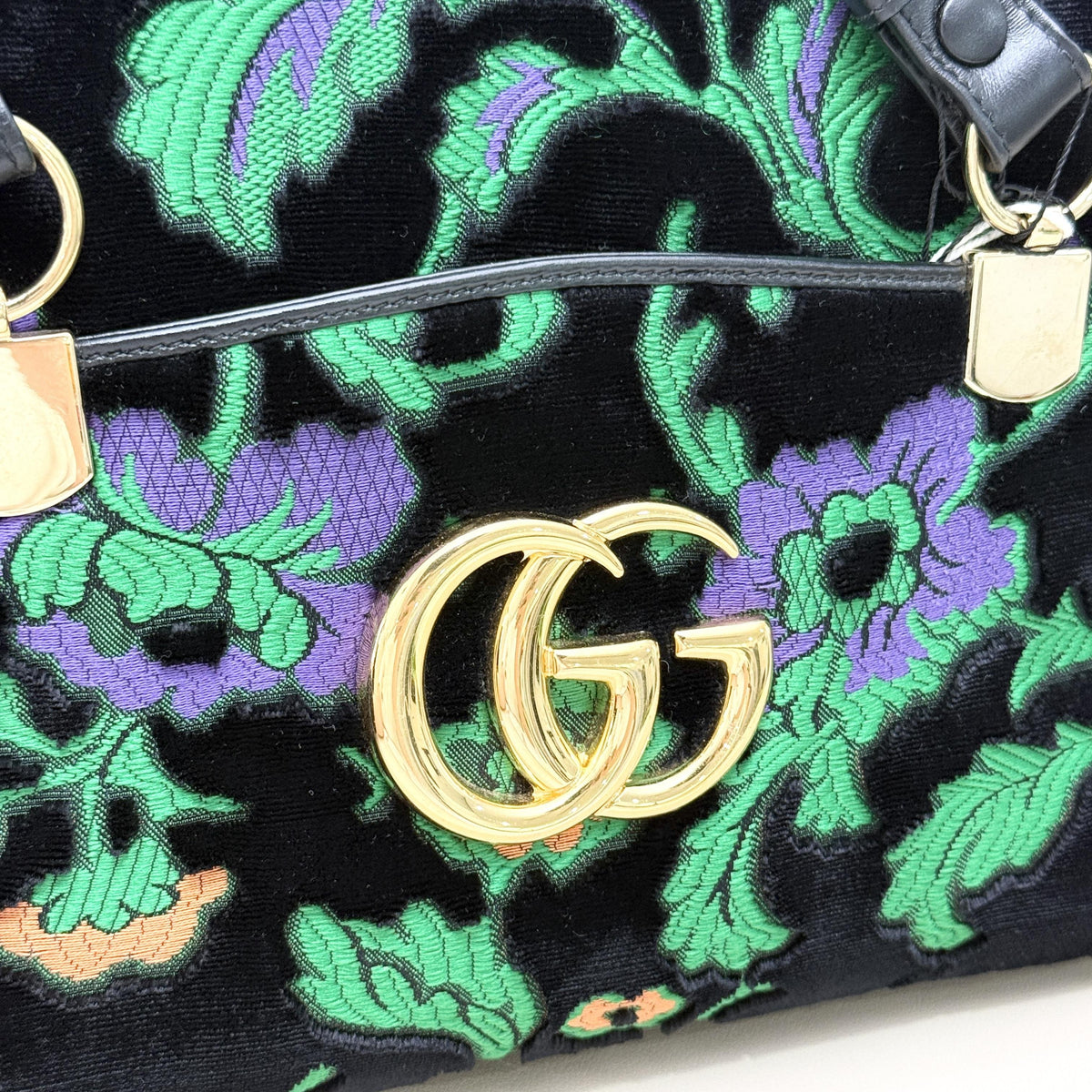 GG Marmont Black Velvet Floral Embroidery Tote Shoulder Bag