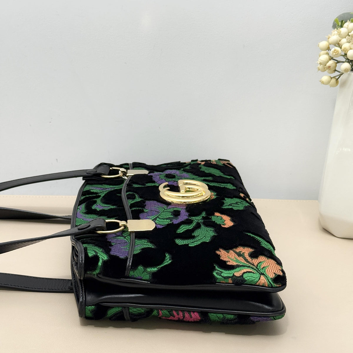GG Marmont Black Velvet Floral Embroidery Tote Shoulder Bag