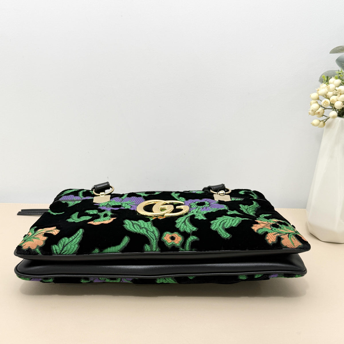 GG Marmont Black Velvet Floral Embroidery Tote Shoulder Bag