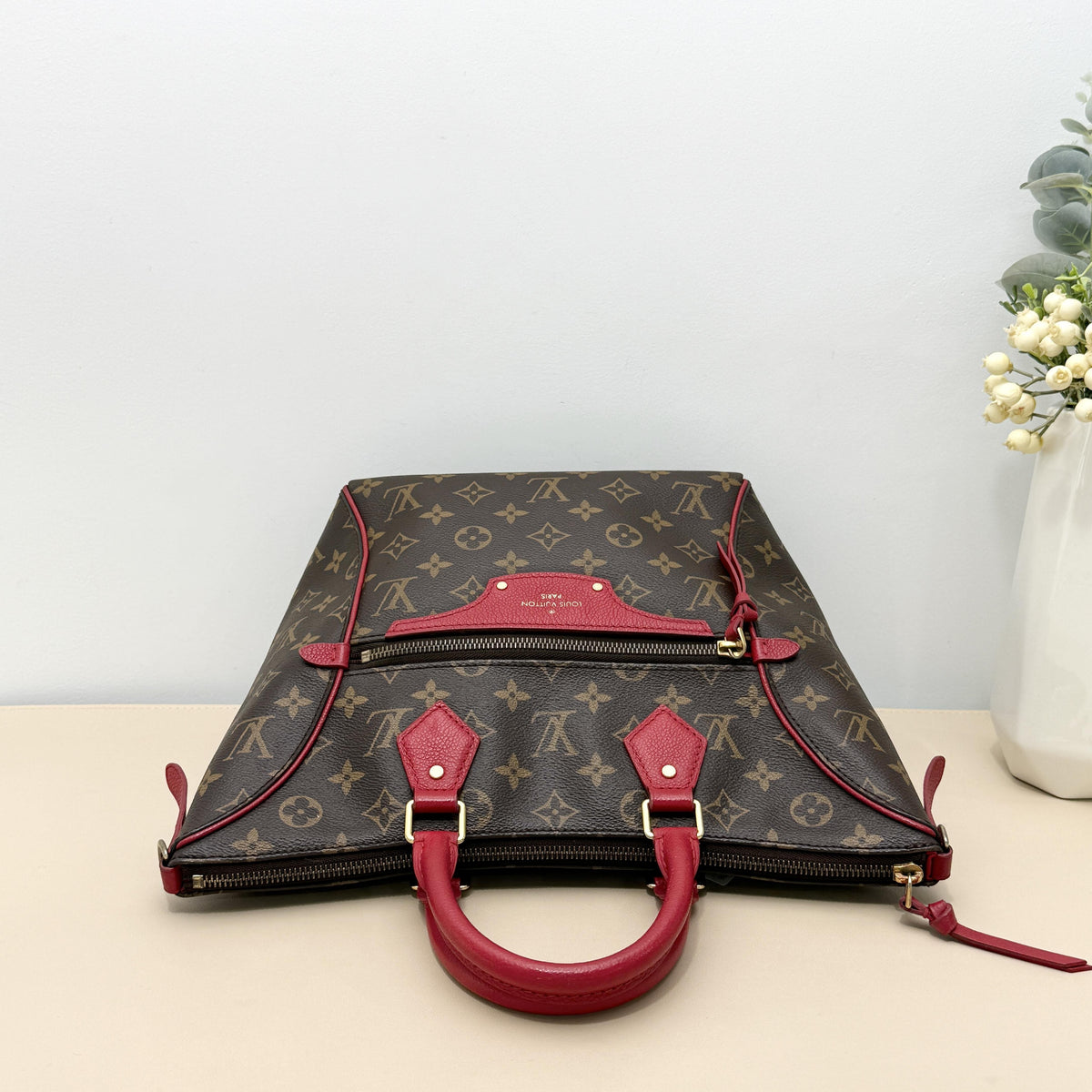 Monogram Tote Bag with Red Leather Trim