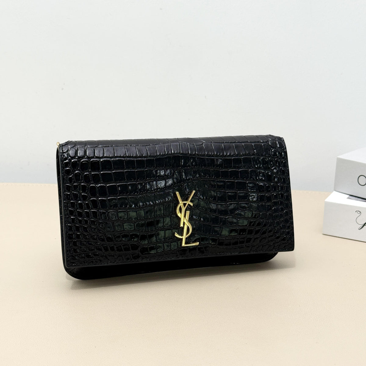 Kate Small Black Shiny Croc Embossed Leather Chain Bag