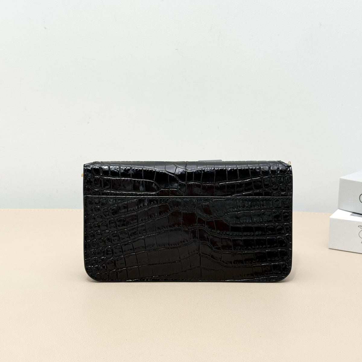 Kate Small Black Shiny Croc Embossed Leather Chain Bag