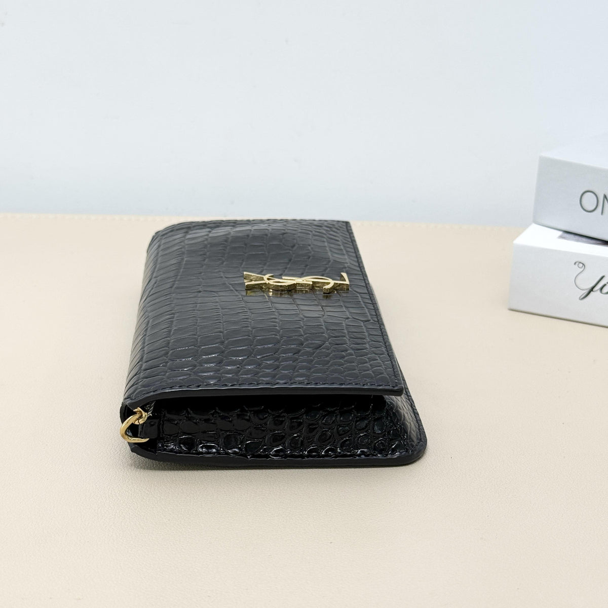 Kate Small Black Shiny Croc Embossed Leather Chain Bag