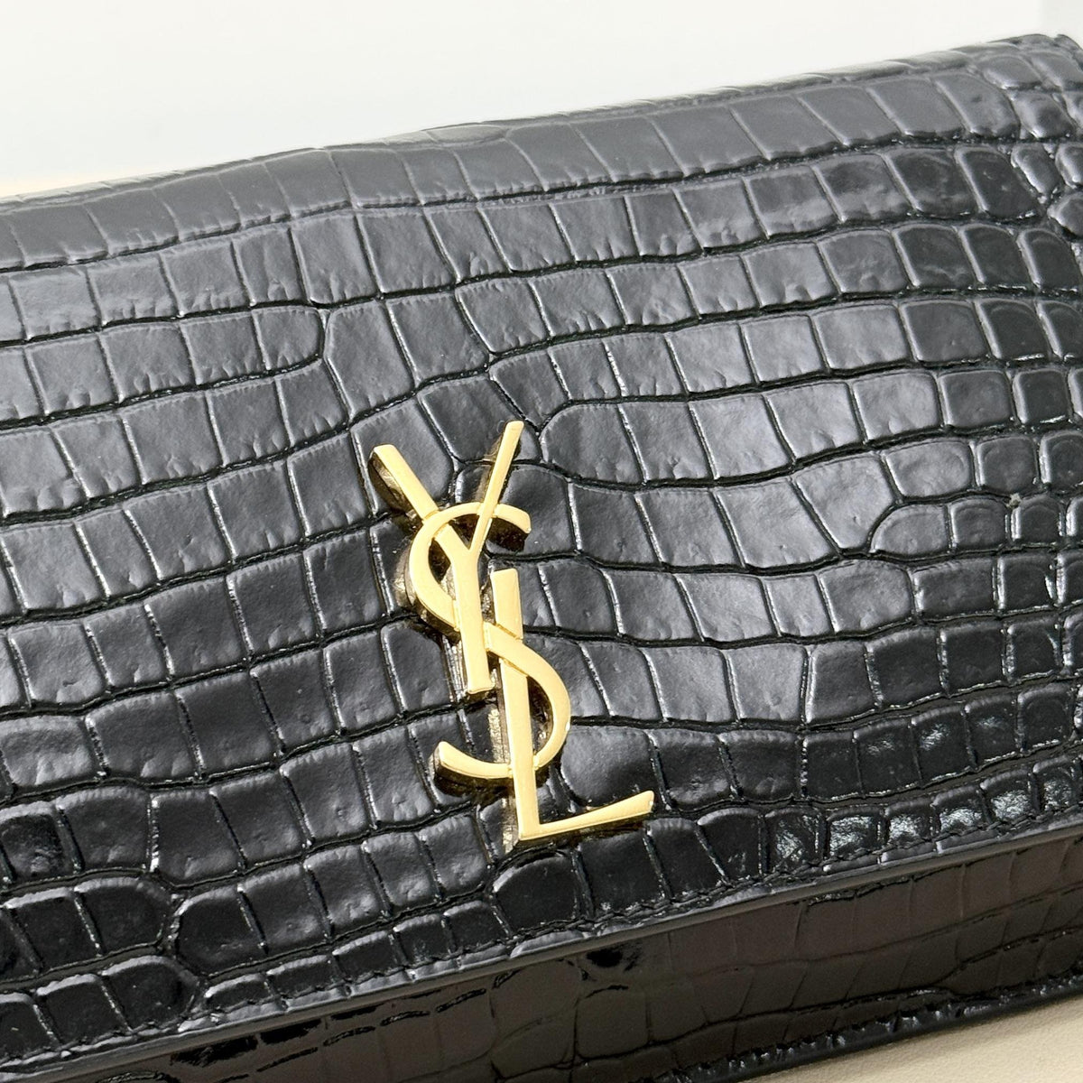 Kate Small Black Shiny Croc Embossed Leather Chain Bag