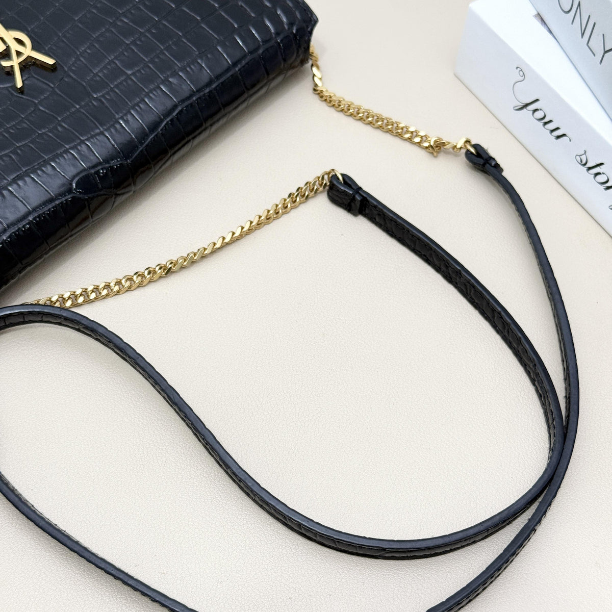 Kate Small Black Shiny Croc Embossed Leather Chain Bag