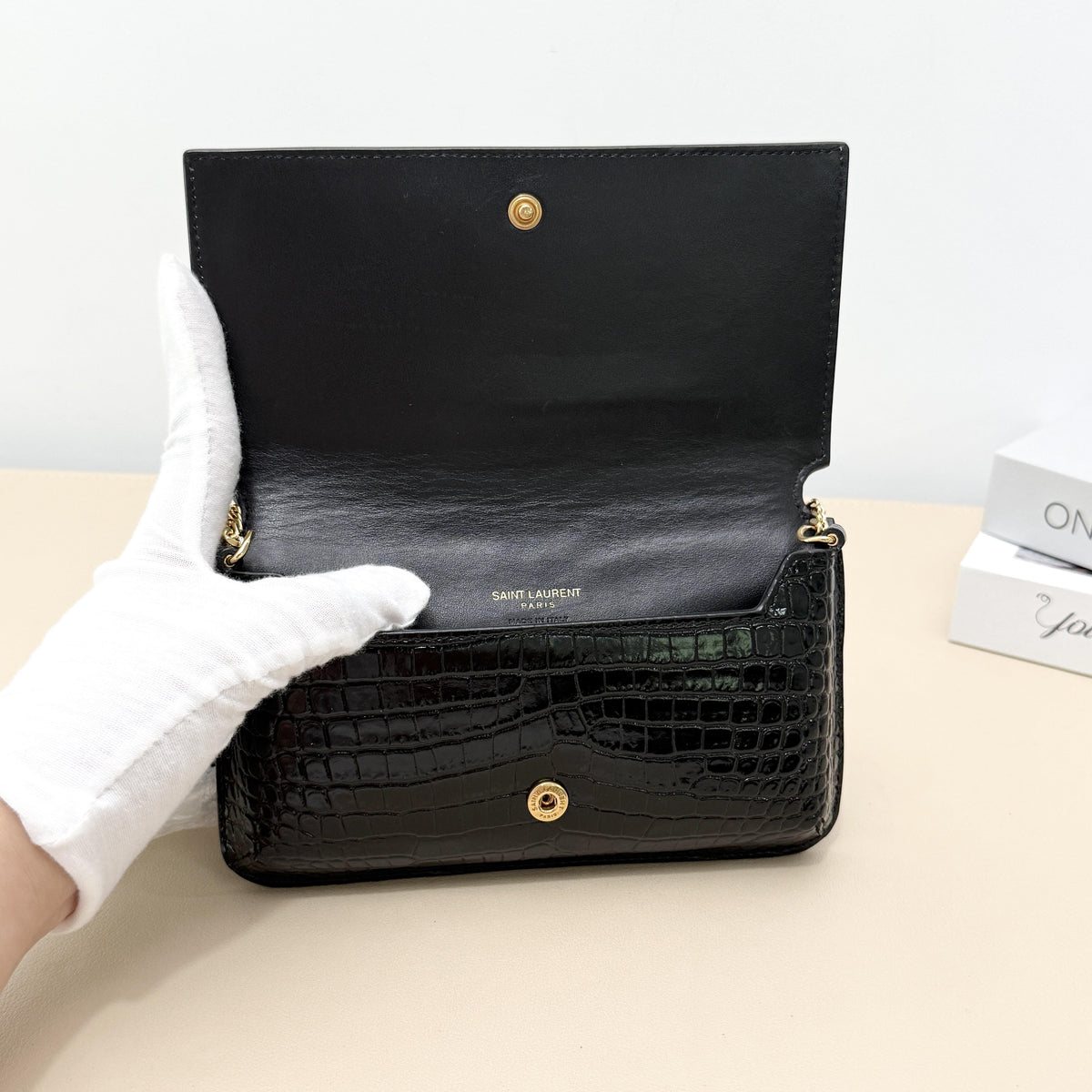 Kate Small Black Shiny Croc Embossed Leather Chain Bag