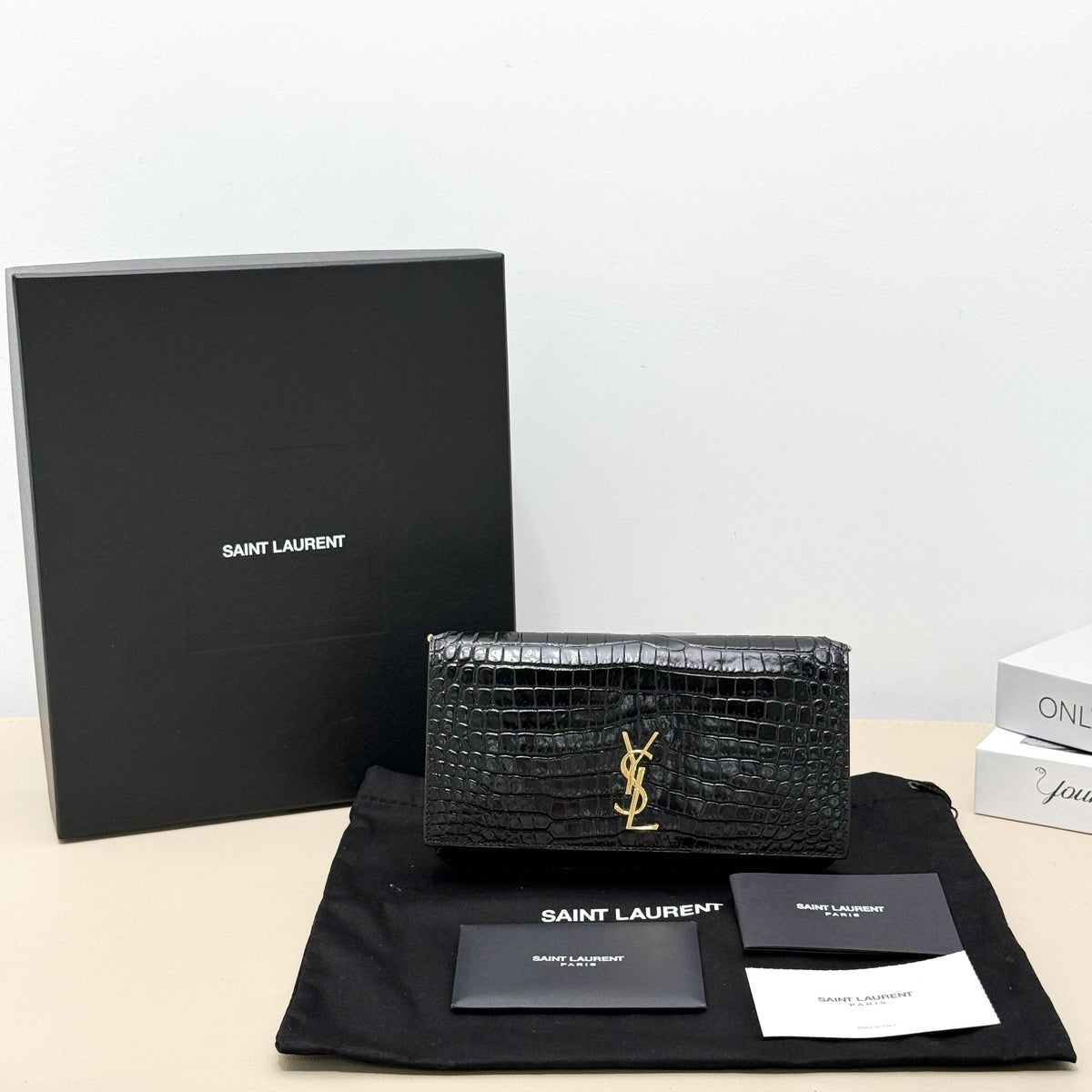 Kate Small Black Shiny Croc Embossed Leather Chain Bag