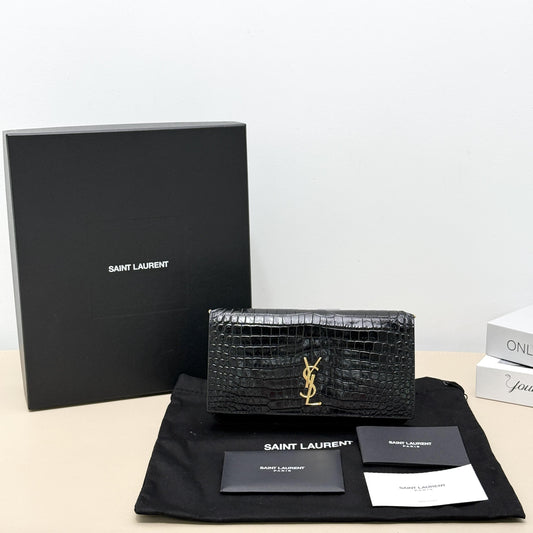 Kate Small Black Shiny Croc Embossed Leather Chain Bag