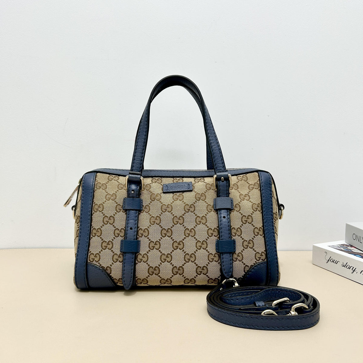 Gucci Classic GG Navy Leather Mini Boston Handbag