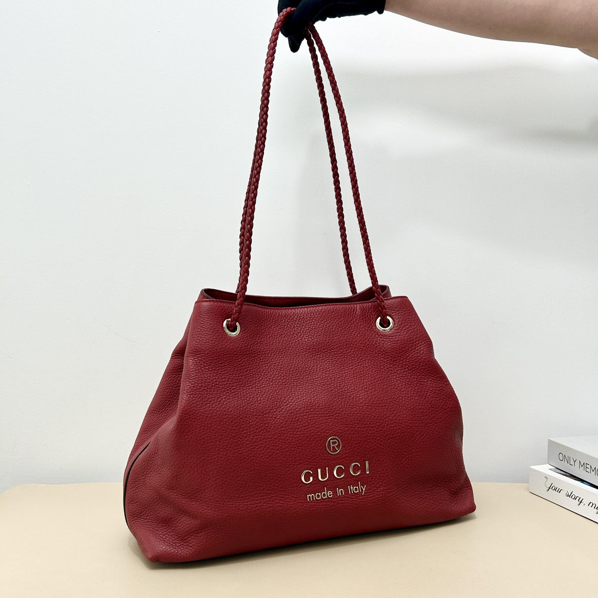 Gucci Red Grain Leather Braided Strap Tote Shoulder Bag
