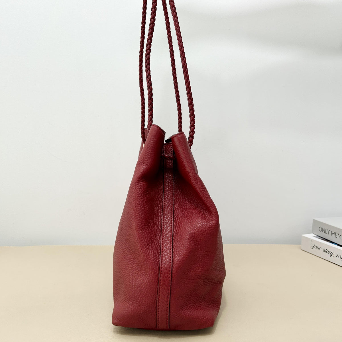 Gucci Red Grain Leather Braided Strap Tote Shoulder Bag