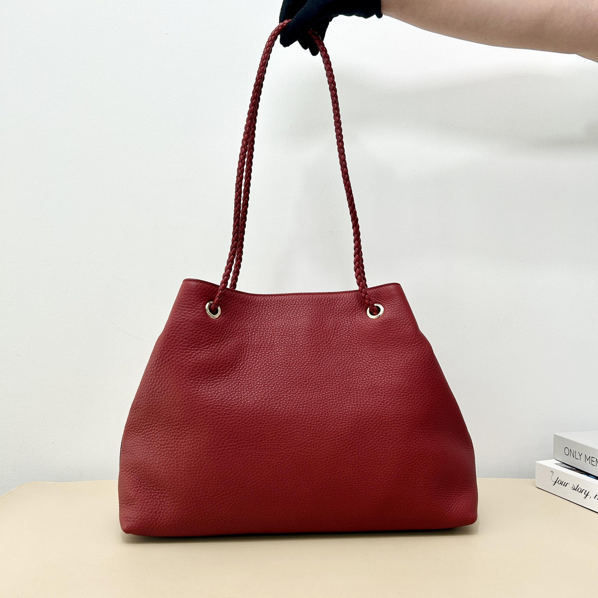 Gucci Red Grain Leather Braided Strap Tote Shoulder Bag