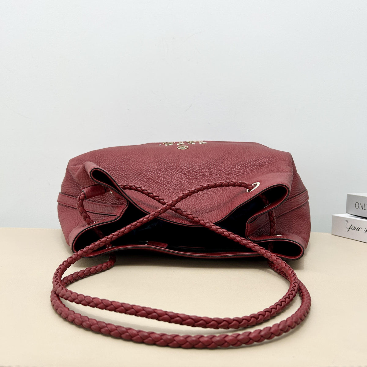 Gucci Red Grain Leather Braided Strap Tote Shoulder Bag