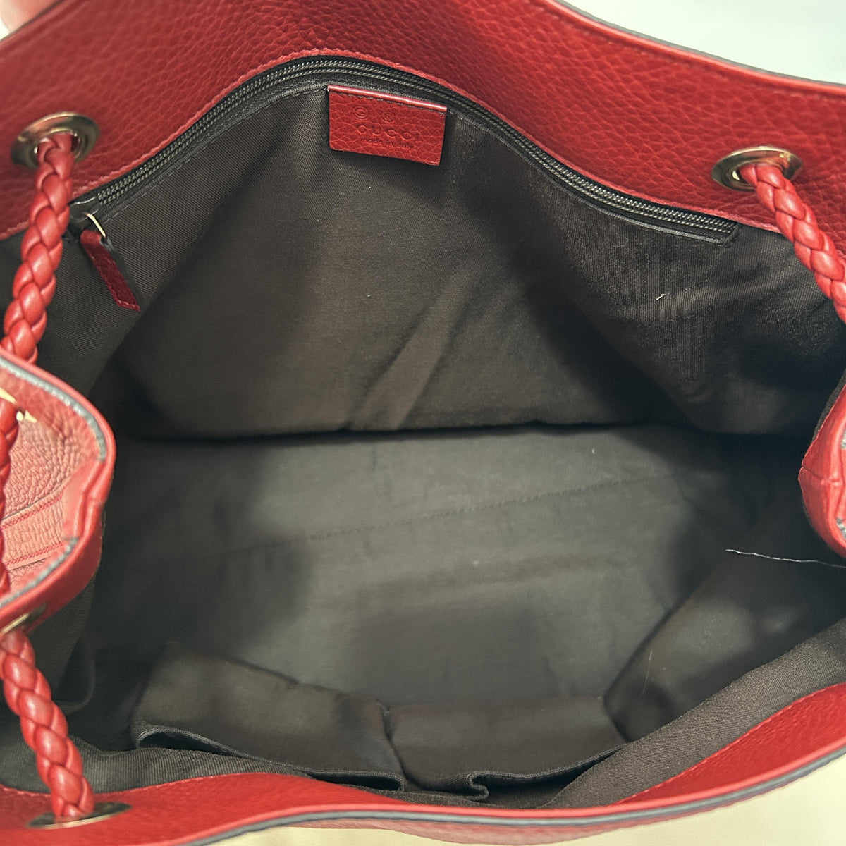 Gucci Red Grain Leather Braided Strap Tote Shoulder Bag