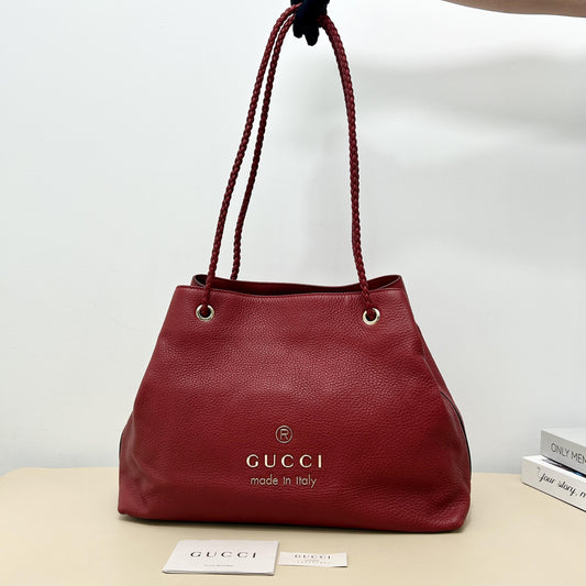 Gucci Red Grain Leather Braided Strap Tote Shoulder Bag