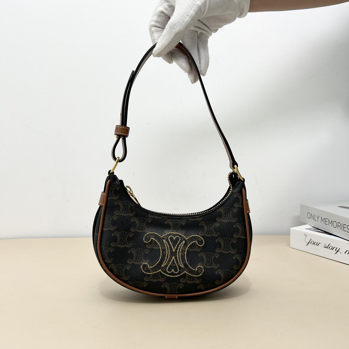 Triomphe Heart Embroidered AVA Hobo Shoulder Bag