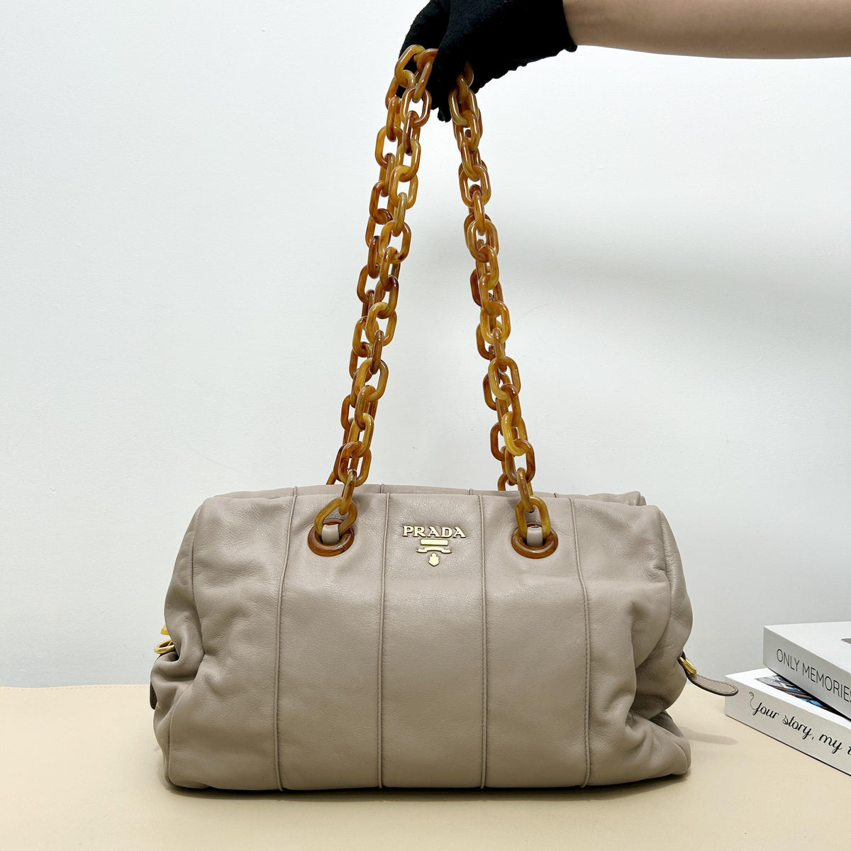 Prada Light Taupe Soft Resin Thick Chain Shoulder Bag