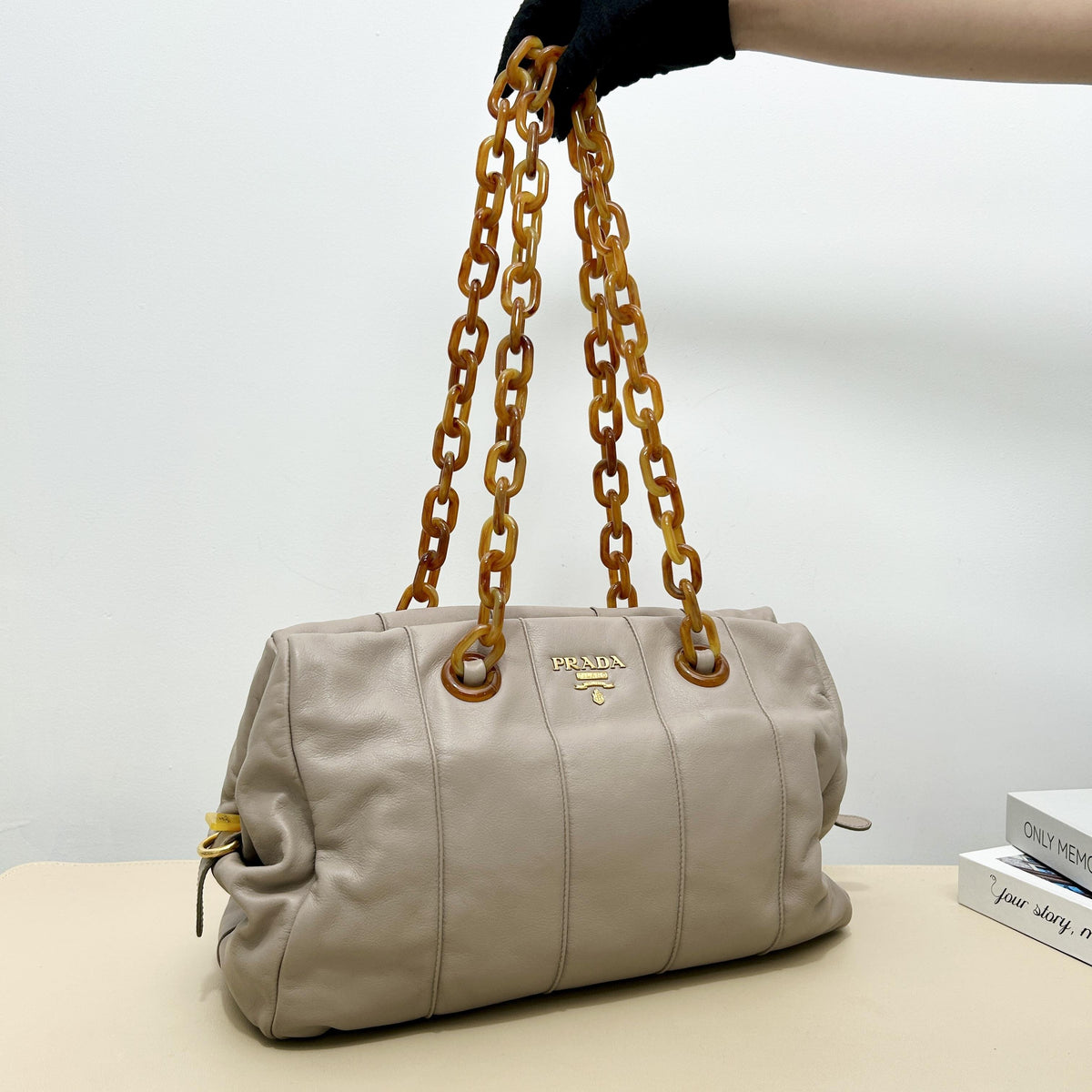 Prada Light Taupe Soft Resin Thick Chain Shoulder Bag