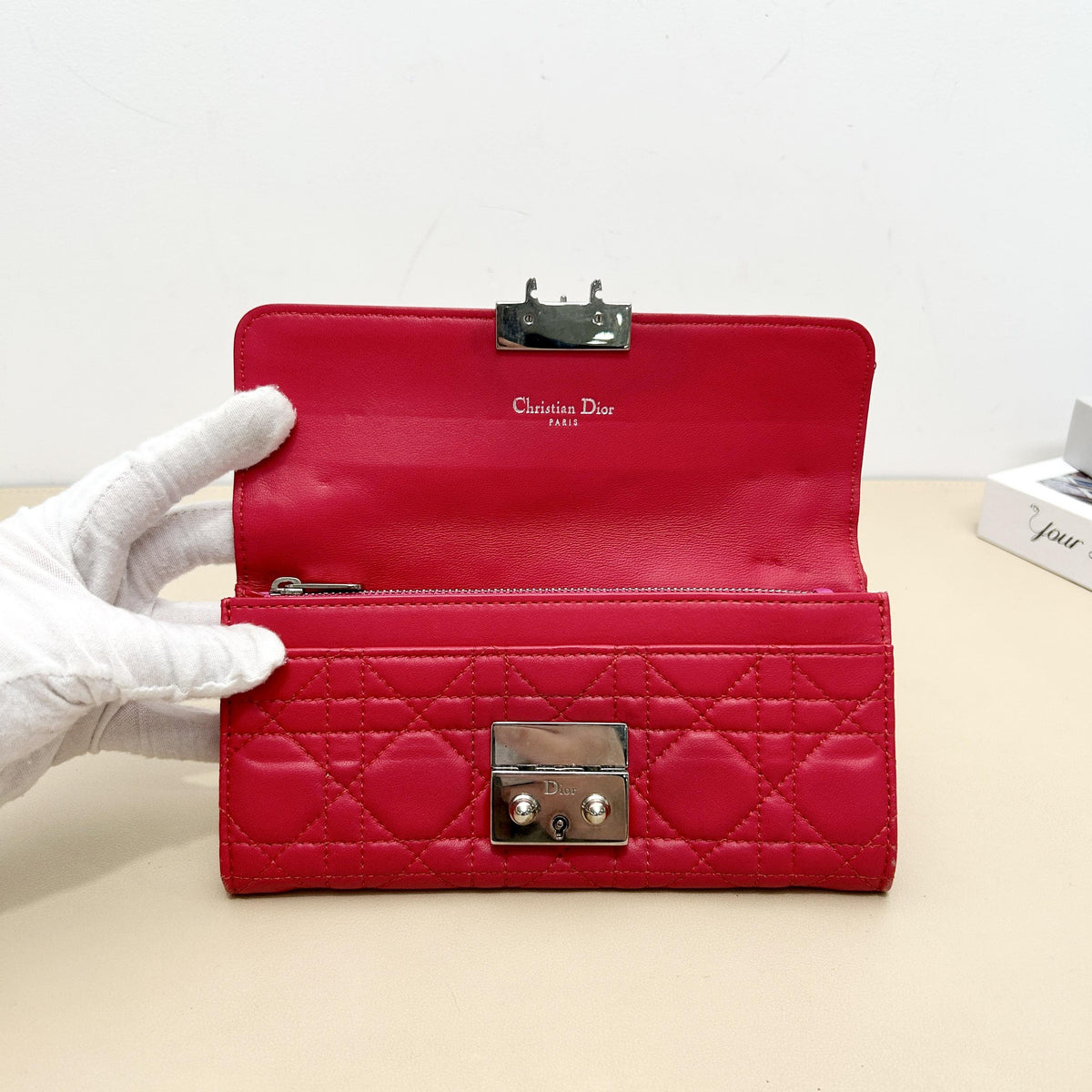 Pre-Owned Dior Fuchsia Lambskin Cannage Quilted Lock-Clasp Flap Long Wallet